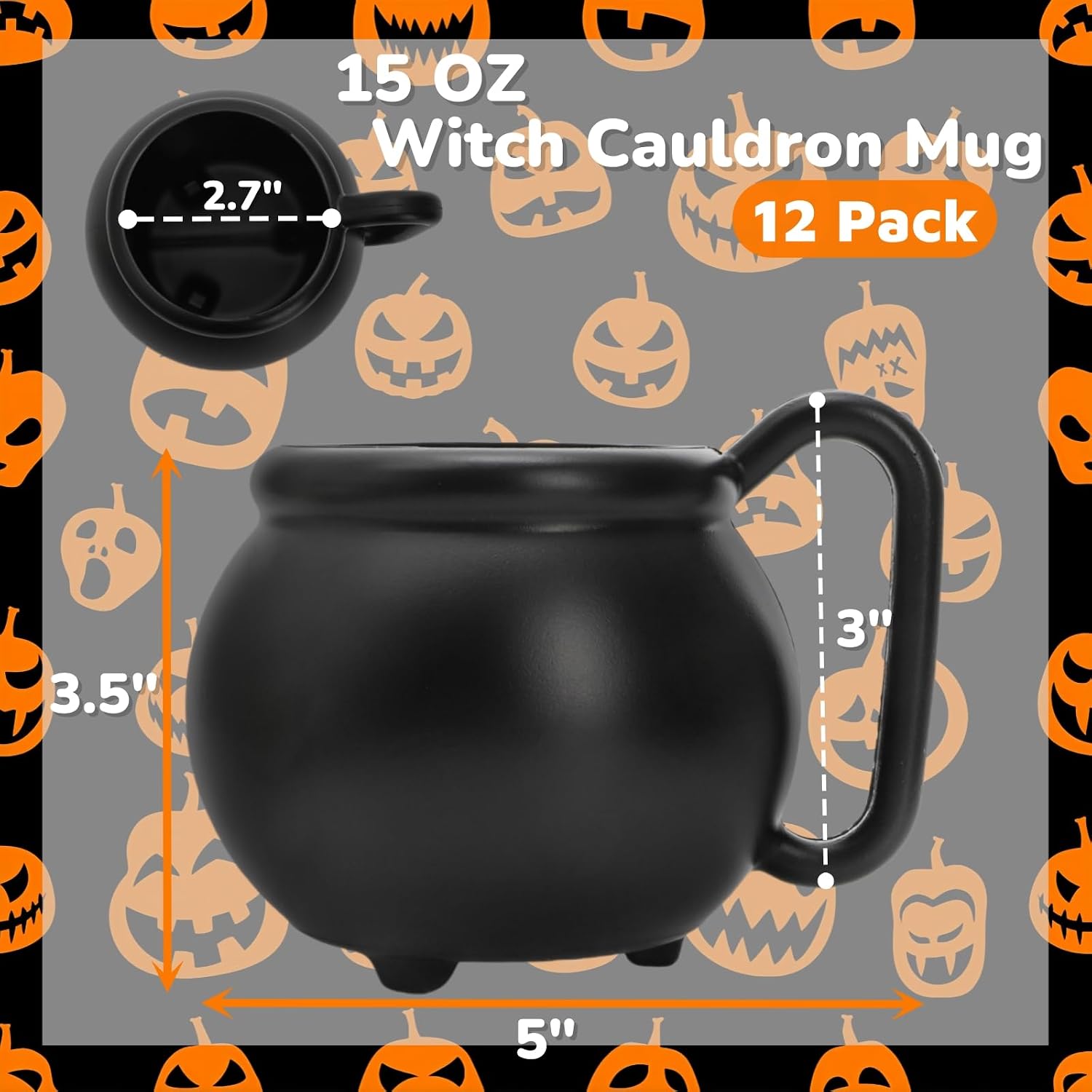 12 Pack Plastic Witch Cauldron Mug, 15 OZ Halloween Cauldron Pot Cup, Novelty Party Candy Holder, Gothic Witchcraft Tea Kettle for Party Favors, Tabletop Decor, Gift