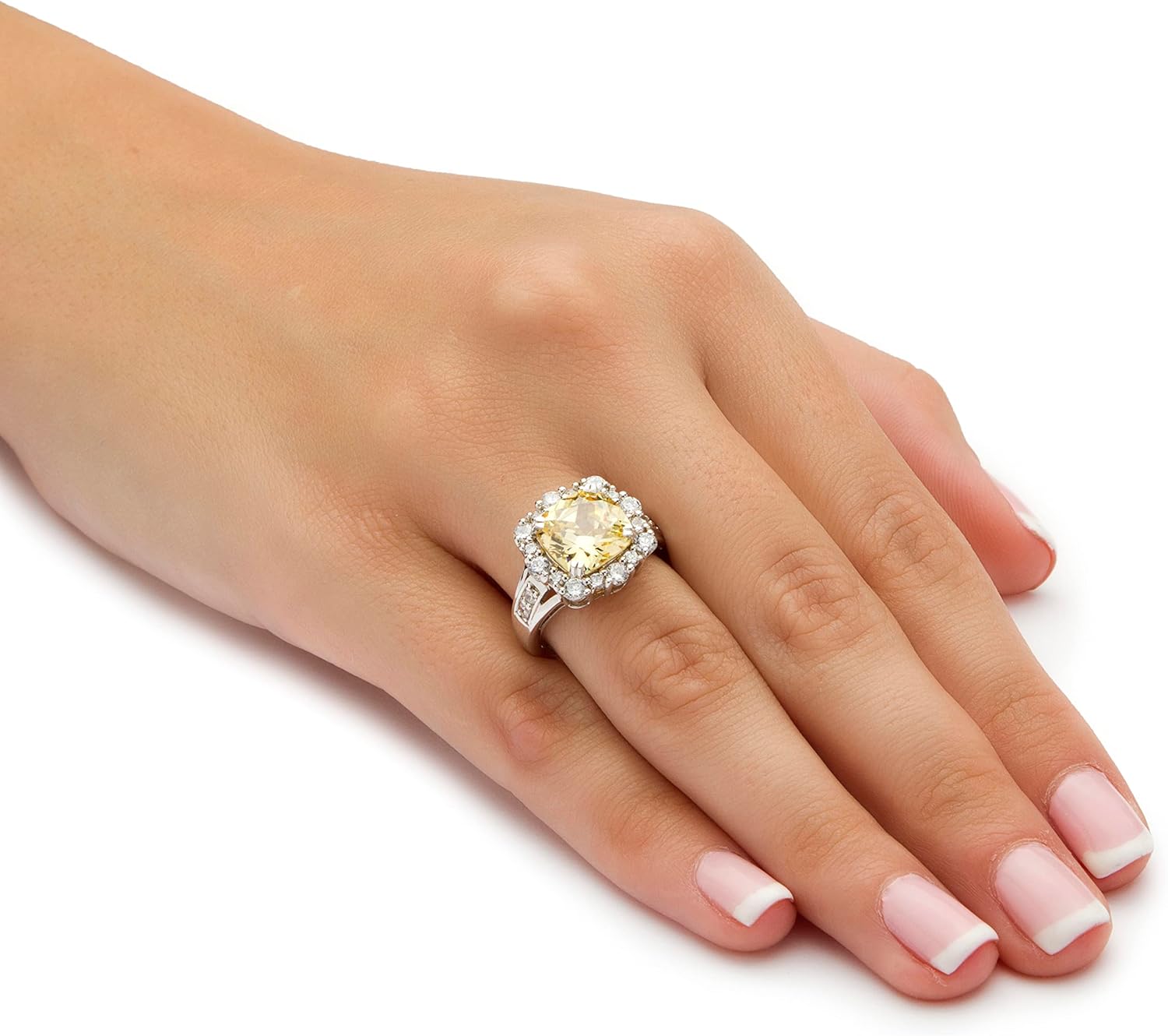 PalmBeach Platinum-plated Sterling Silver Cushion Canary Cubic Zirconia Halo Ring Sizes 5-10