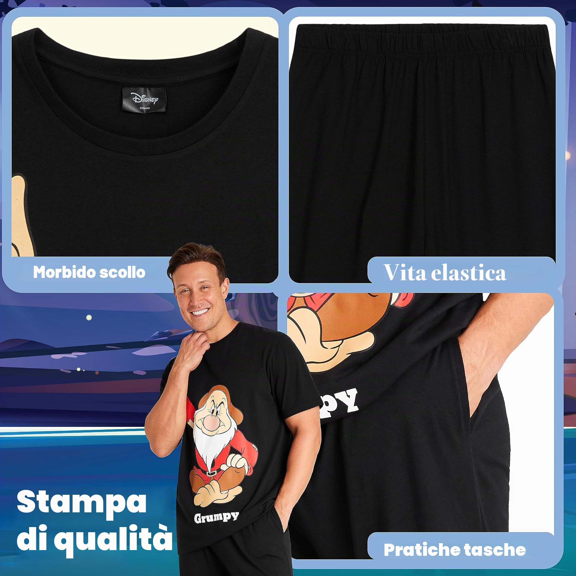 Disney Pigiama Uomo - Pigiama Uomo Cotone Brontolo Paperino M-3XL Pigiami Uomo e Ragazzi a Maniche Corte Pigiami Due Pezzi da Uomo Lungo