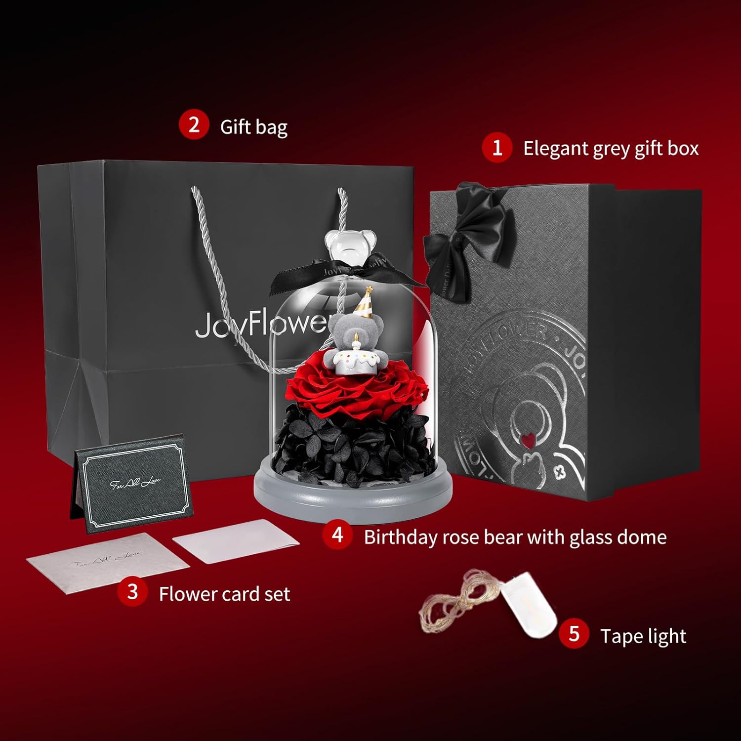 JoyFlower Preserved Flower Birthday Gift for Women, Red Preserved Rose Bear in Glass Birthday Gifts for Girlfriend, Eternal Flower Teddy Bear Gifts for Wife Mom Her Grandma Daughter Sister on Birthday - Image 6