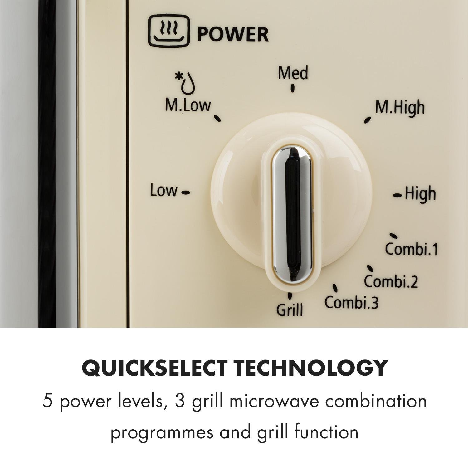Klarstein Caroline Micro-ondes - Combiné Micro-ondes/Gril, Micro-ondes 2-en-1 fonction gril, 20L, 700/1000 W, QuickSelect, Design rétro, Inox, Crème
