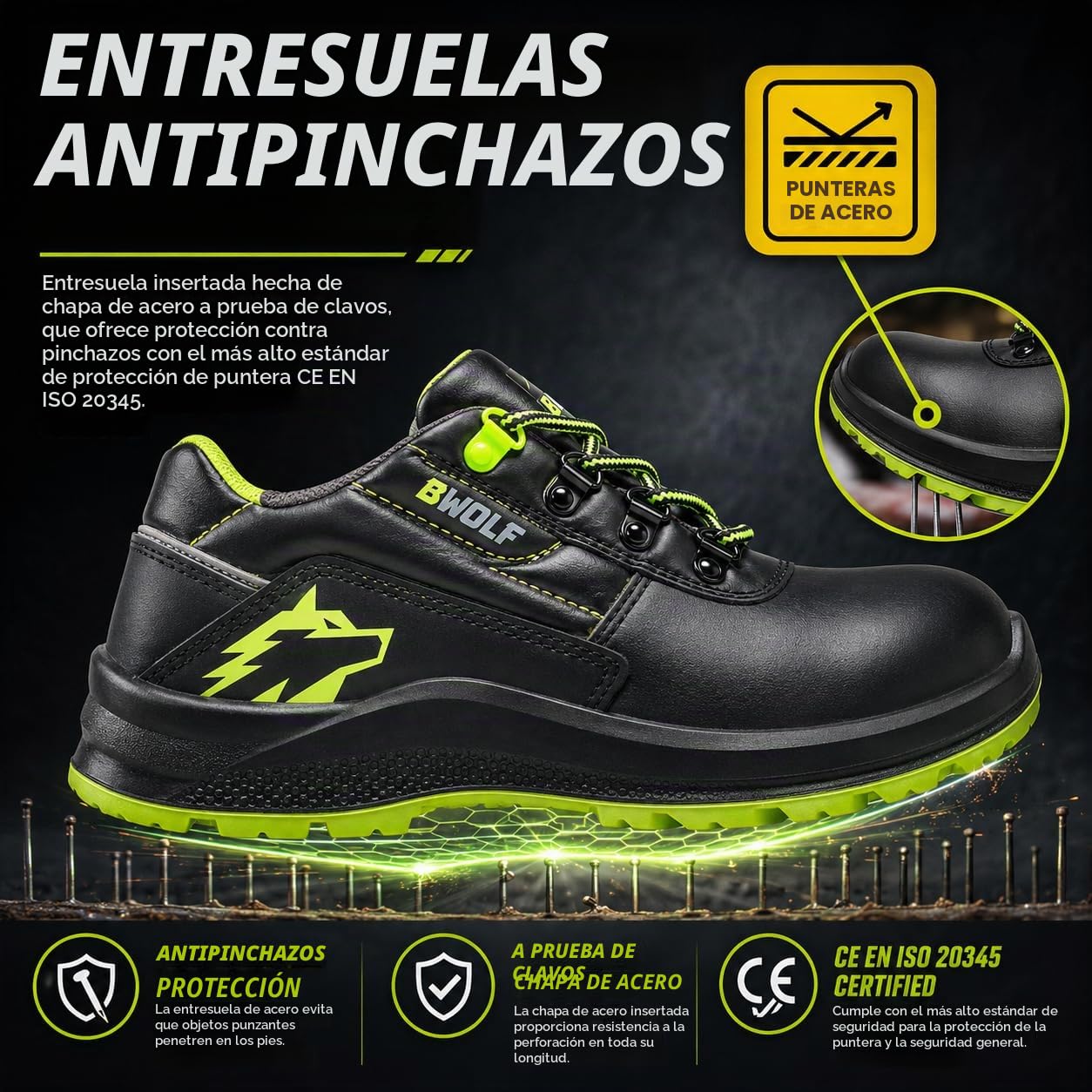 BWOLF SPYKE Zapatos de trabajo bajos S3 impermeables, resistentes al aceite, antideslizantes 4x4 Grip Tech, suela Ergo, Negro 44 EU