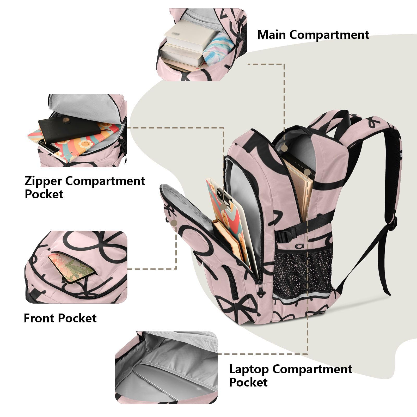 Mochila de viaje grande con lazo rosa para libros escolares
