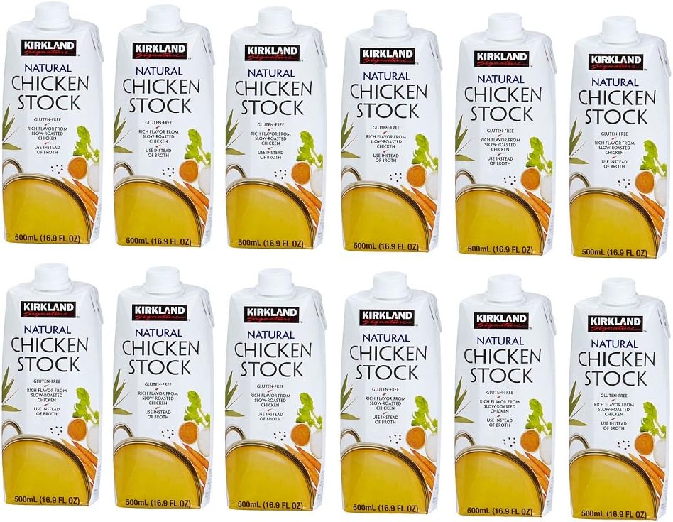 Kirkland Natural Chicken Stock, Gluten Free, Rich Flavor From Slowly Roasted Chicken 12 Resealable Cartons of 16.9 Fl Oz Cos-10