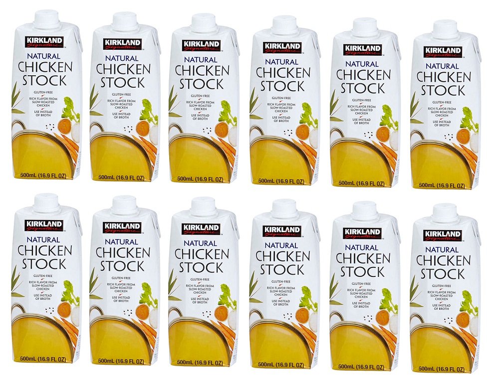 Kirkland Natural Chicken Stock, Gluten Free, Rich Flavor From Slowly Roasted Chicken 12 Resealable Cartons of 16.9 Fl Oz Cos-10