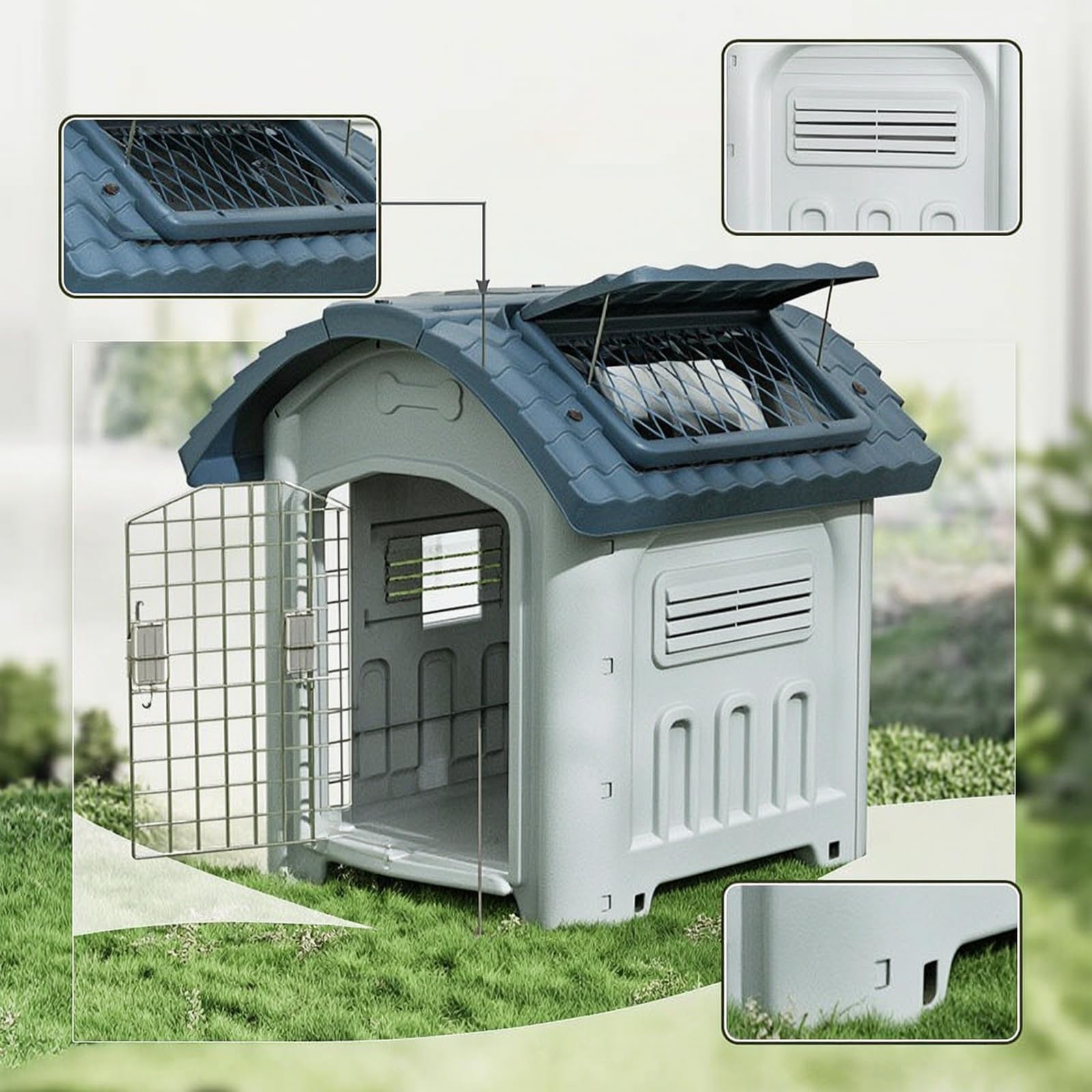 MagiDeal Riparo Esterno per con Porta in Ferro Cuccia con a Falde per Deflusso dell'Acqua Base Contro l'Umidità Ventilazione Laterale, L, Style to 1