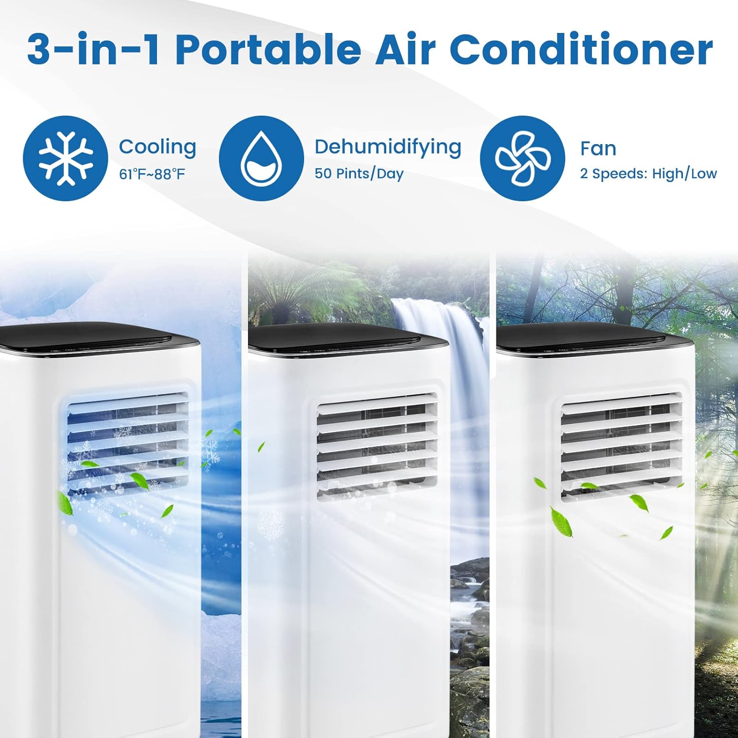Three images showing the air conditioner in cooling, dehumidifying, and fan modes