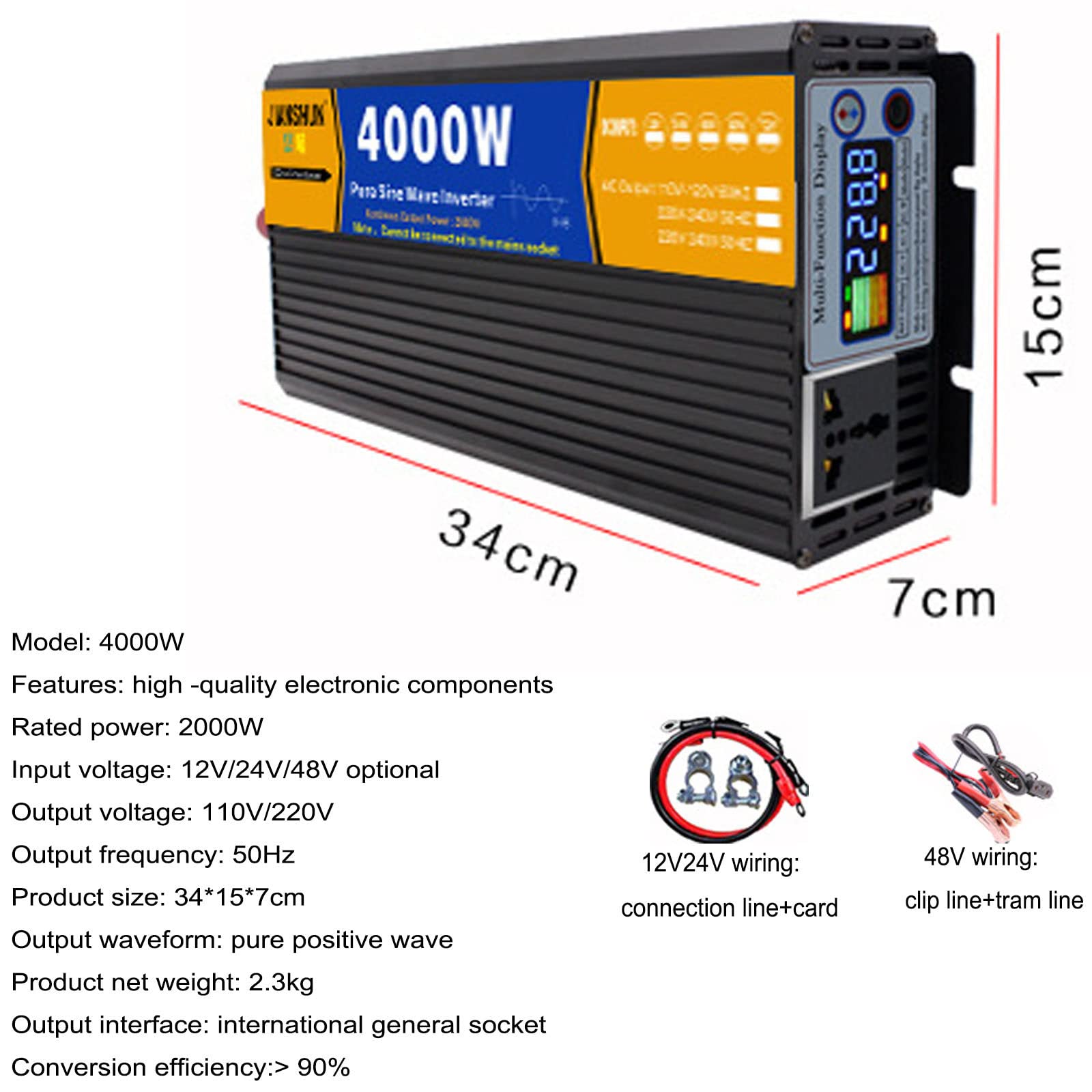 Inversor De Energía De Onda Sinusoidal Pura,3000W 4000W 5000W,Inversor DC 12V24V/48V to AC 110V220V,con puertos de carga USB, y dos ventiladores de refrigeración,24Vto220V-4000W