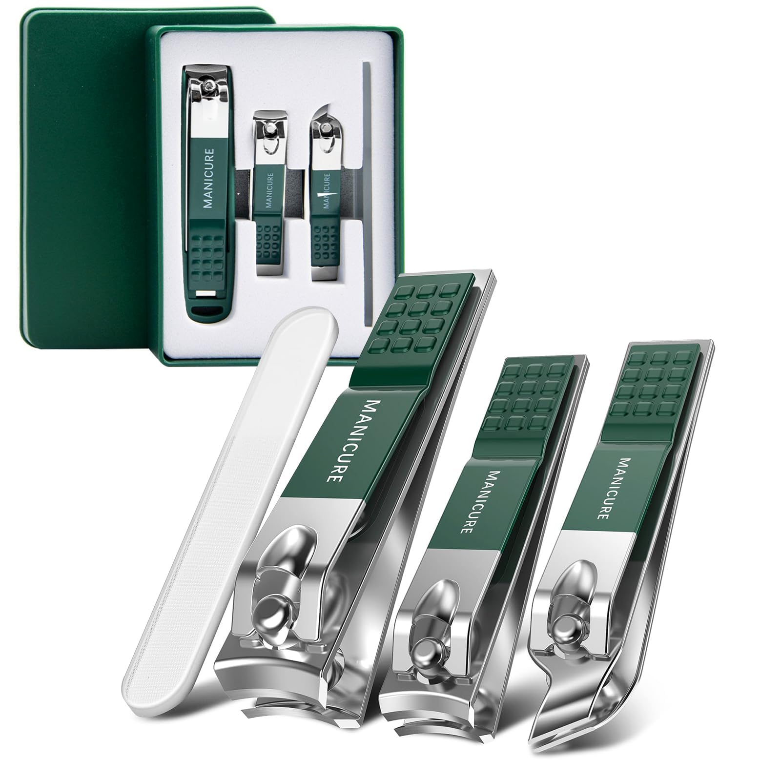 Nail Clippers Set with Glass Nail File for Thick Ingrown Nails,Nail Clippers Set with Catching Storage Sharp Stainless Steel Fingernail and Toenail Clipper Cutters for Seniors, Men & Women