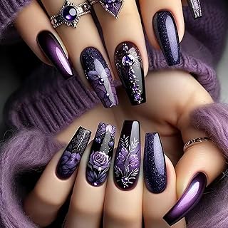BABALAL Press on nails Long Coffin Fake Nails Purple Black Glue on Nail Supplie Rose Design Goth Punk Acrylic Nails 24Pcs Glossy Ballerina False Nails Art Manicure DIY Stick on Nails