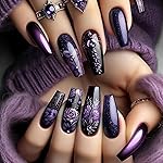 BABALAL Press on nails Long Coffin Fake Nails Purple Black Glue on Nail Supplie Rose Design Goth Punk Acrylic Nails 24Pcs Glossy Ballerina False Nails Art Manicure DIY Stick on Nails