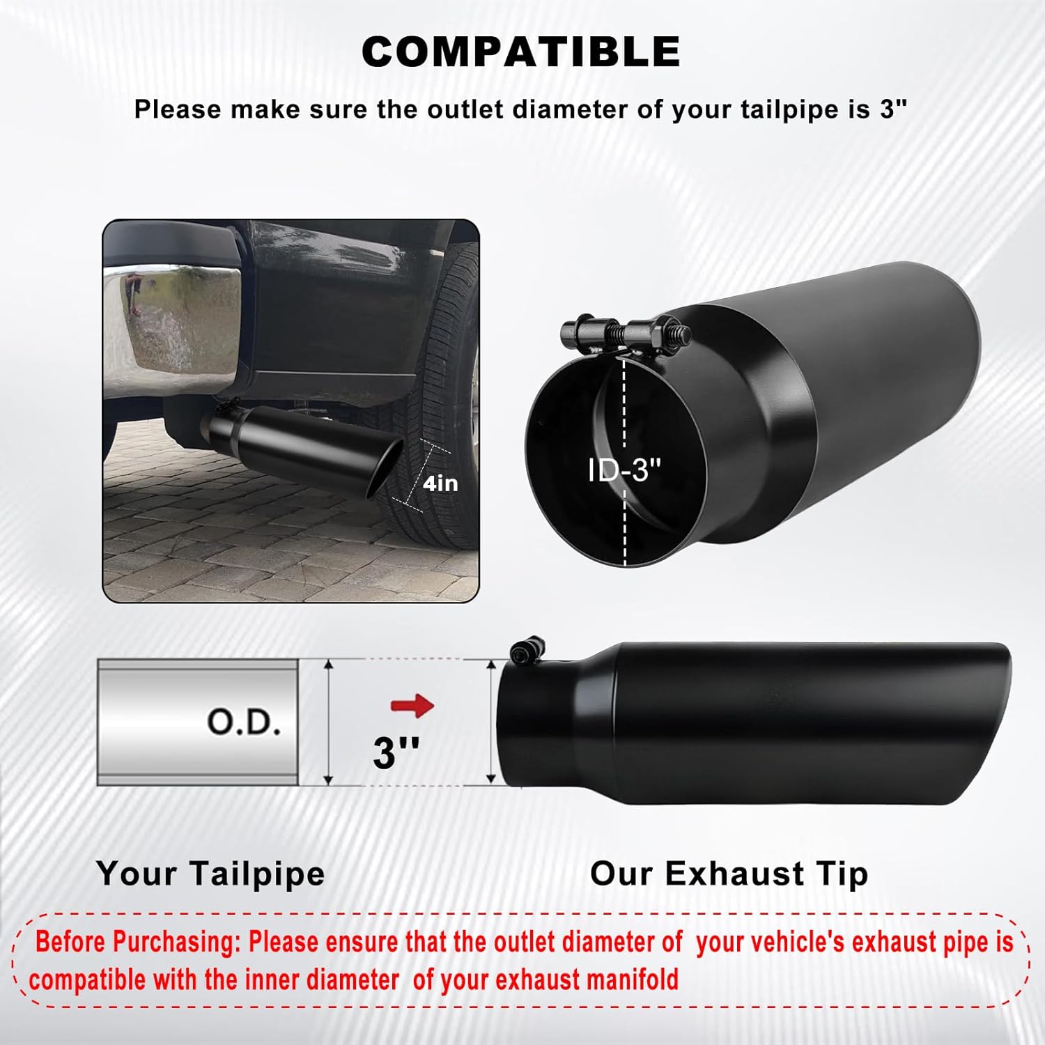 Mupera Universal 3 Inch Inlet Exhaust Tip, 4" Outlet, 12" Long Powdercoat Professional Black Exhaust Tips with Bolt On, for all 3 Inch Outside Diameter Exhaust Tips