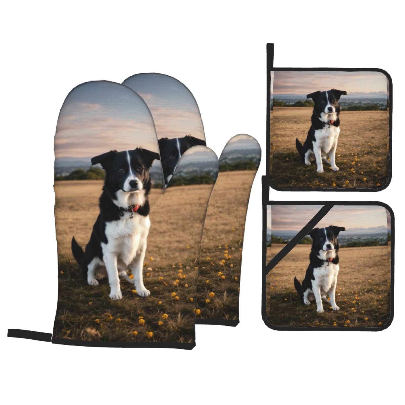 Puppies Dog Print Kitchen Oven Mitts And Pot Holders Set,Hanging Loop Design For Cooking Baking Bbq