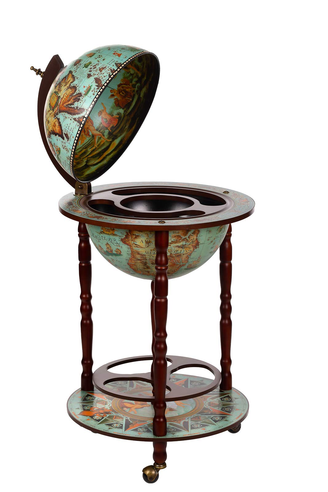 Élégant Chariot de Bar 36001 Bleu avec piliers en Bois d'eucalyptus Massif, Ouvert, 103 cm de Haut et 47 cm de Large, Globe terrestre