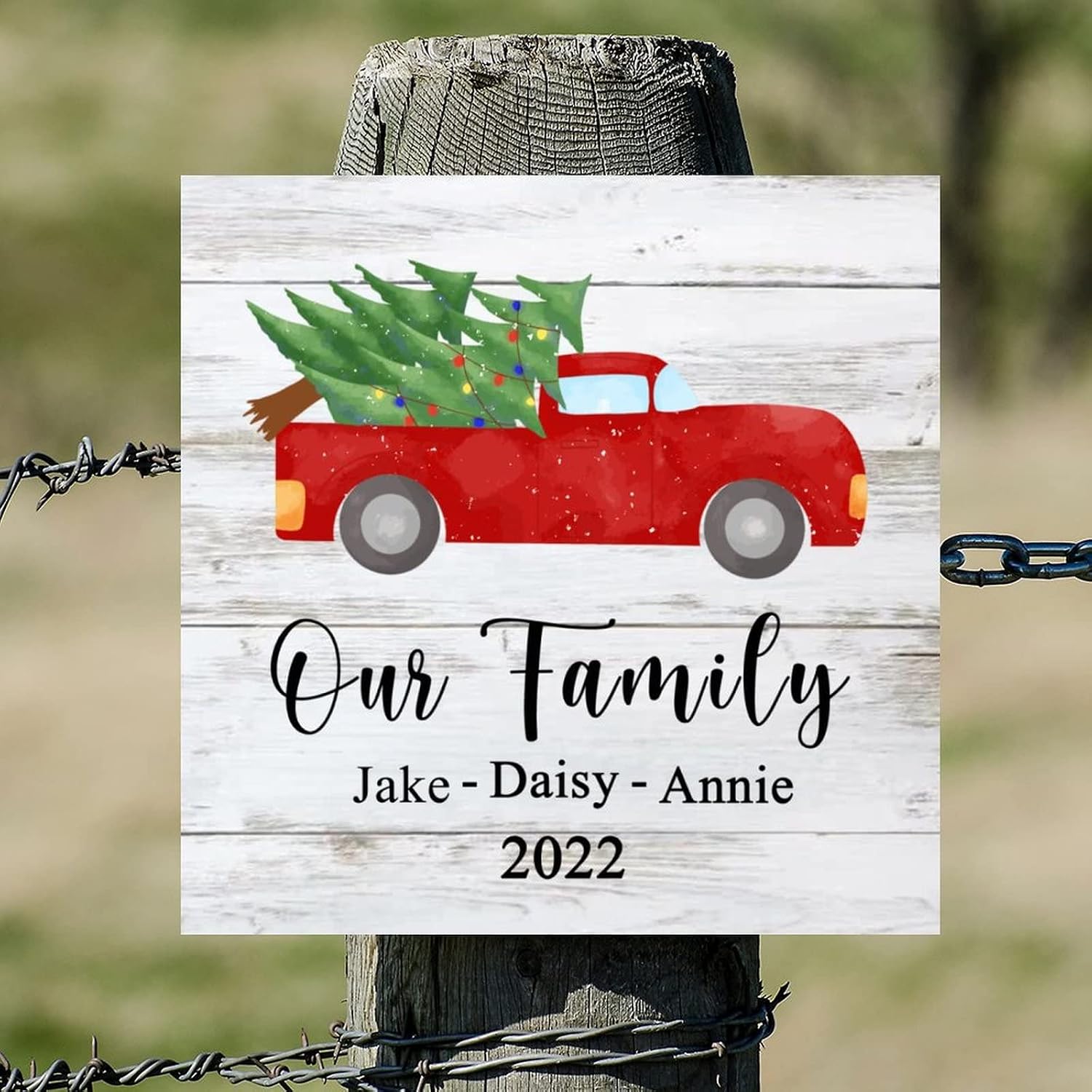 Our Family Red Truck Wood Sign Farmhouse Custom Family Members Name Wood Plaque Holy Night Wood Decor Farmhouse Wall Hanging Plaque For Home Laundry Room Kitchen Bedroom Housewarming Gift 16x16in