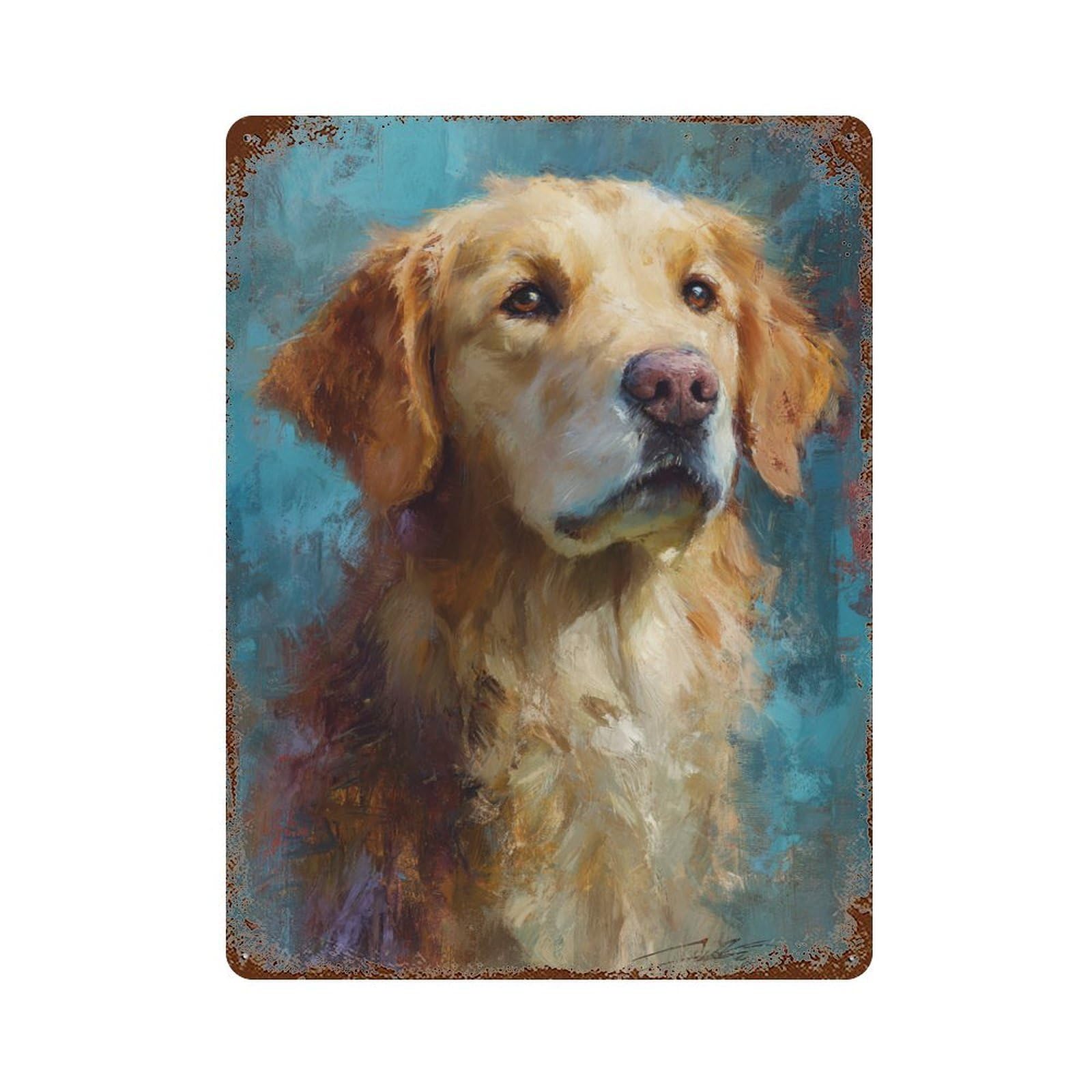 Rust Effect Golden Retriever Oil Painting Vintage Metal Tin Sign 15.7"x11.8", Vintage Wall Decor for Office, Studio And Wall Decor