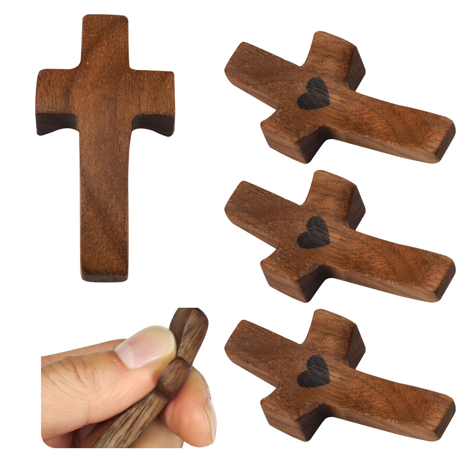Yitexin 5Pcs 5 Pack Walnut Wooden Pocket Cross, 2" Small Carrying Prayer Cross For Hand Holding, Cross My Heart, Religious Encouragement Present