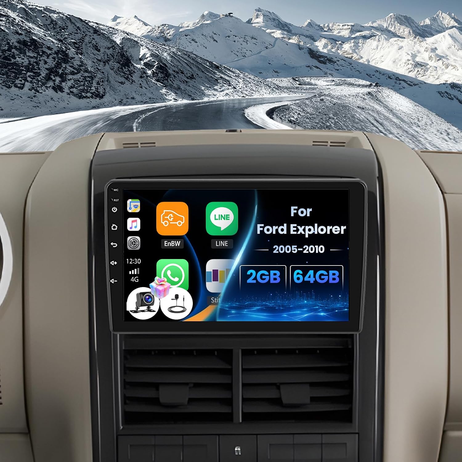 [2+64G] Android 15 Car Stereo for Ford Explorer 2005-2010 with Wireless Carplay&Android Auto,10.1 Inch Touch Screen Car Radio with Mirror Link Bluetooth FM/RDS Radio WiFi GPS EQ SWC
