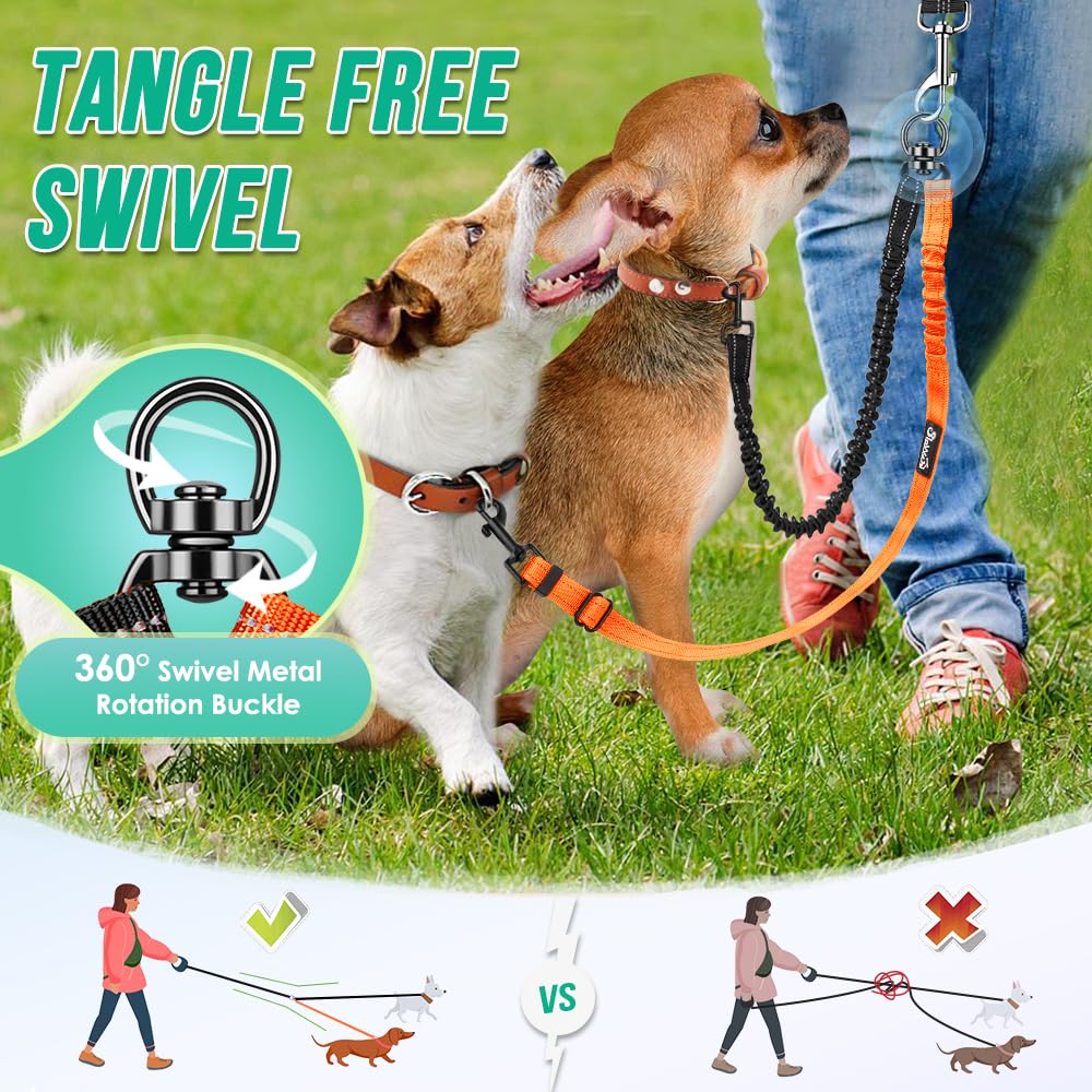 AUTOWT Deux laisses pour chien, 2 en 1 avec double attache de laisse pour chien, combinant sangle réglable et élastique absorbant les chocs, sans nœuds, double séparateur d'entraînement pour chiens de