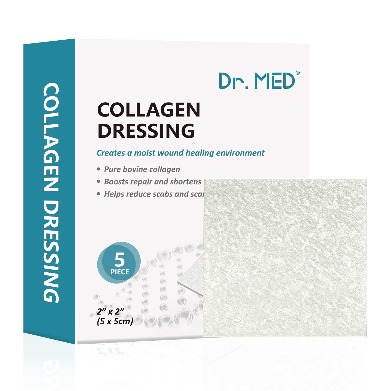 Dr.MED Collagen Dressing Pads, 2" x 2", 5 Count, Bovine Type I Collagen Sponge, High Absorbency, Non-Adherent Pads for Acute & Chronic Wounds, for Adult Use Onl