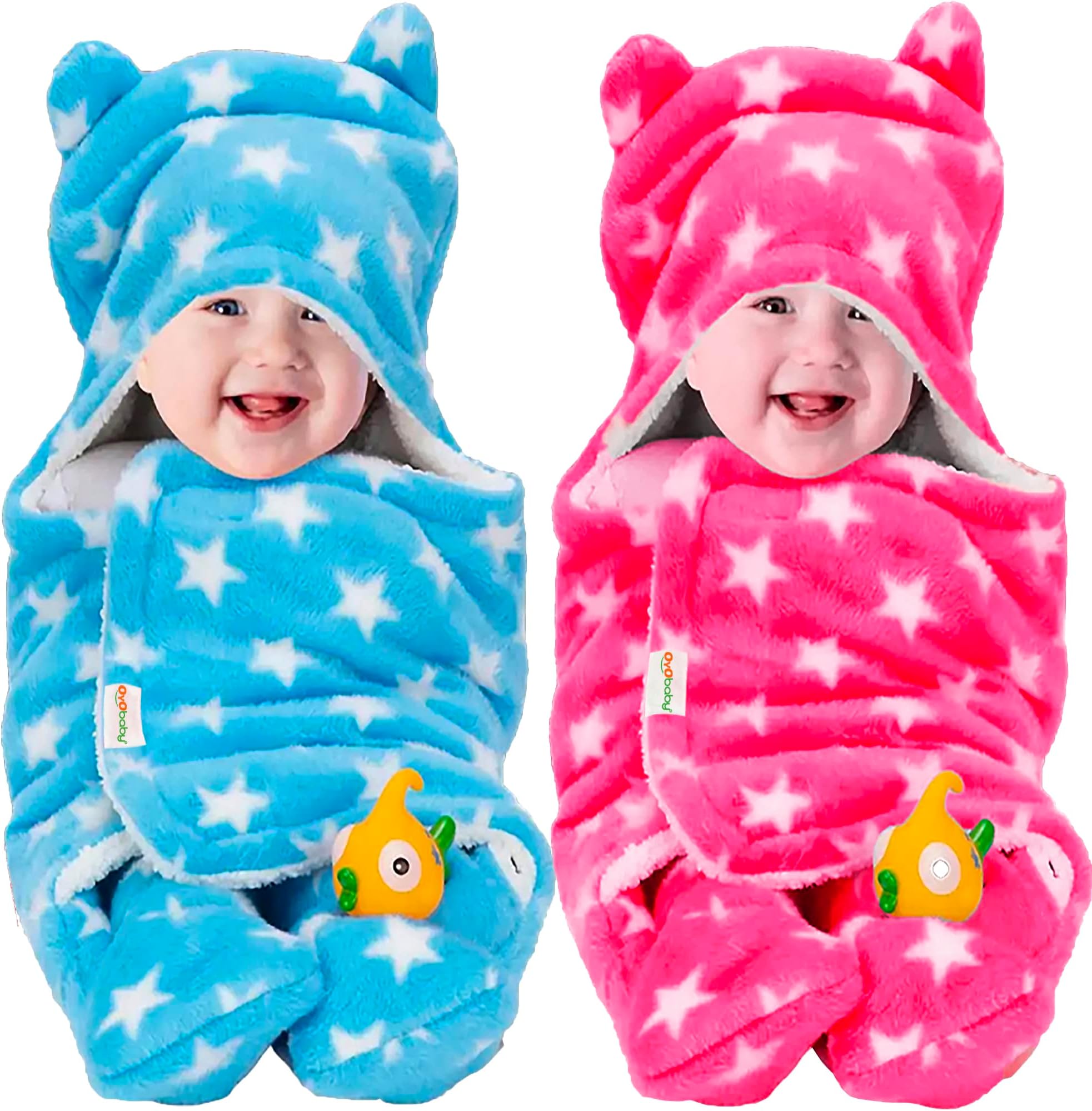 OYO BABY Ultra-Soft Baby Swaddle Wrap Blanket with Hood & Booties โ Warm Fleece Sleeping Bag for Newborns (0โ6 Months 72 * 68 cm) โ Star Print, Pink & Blue