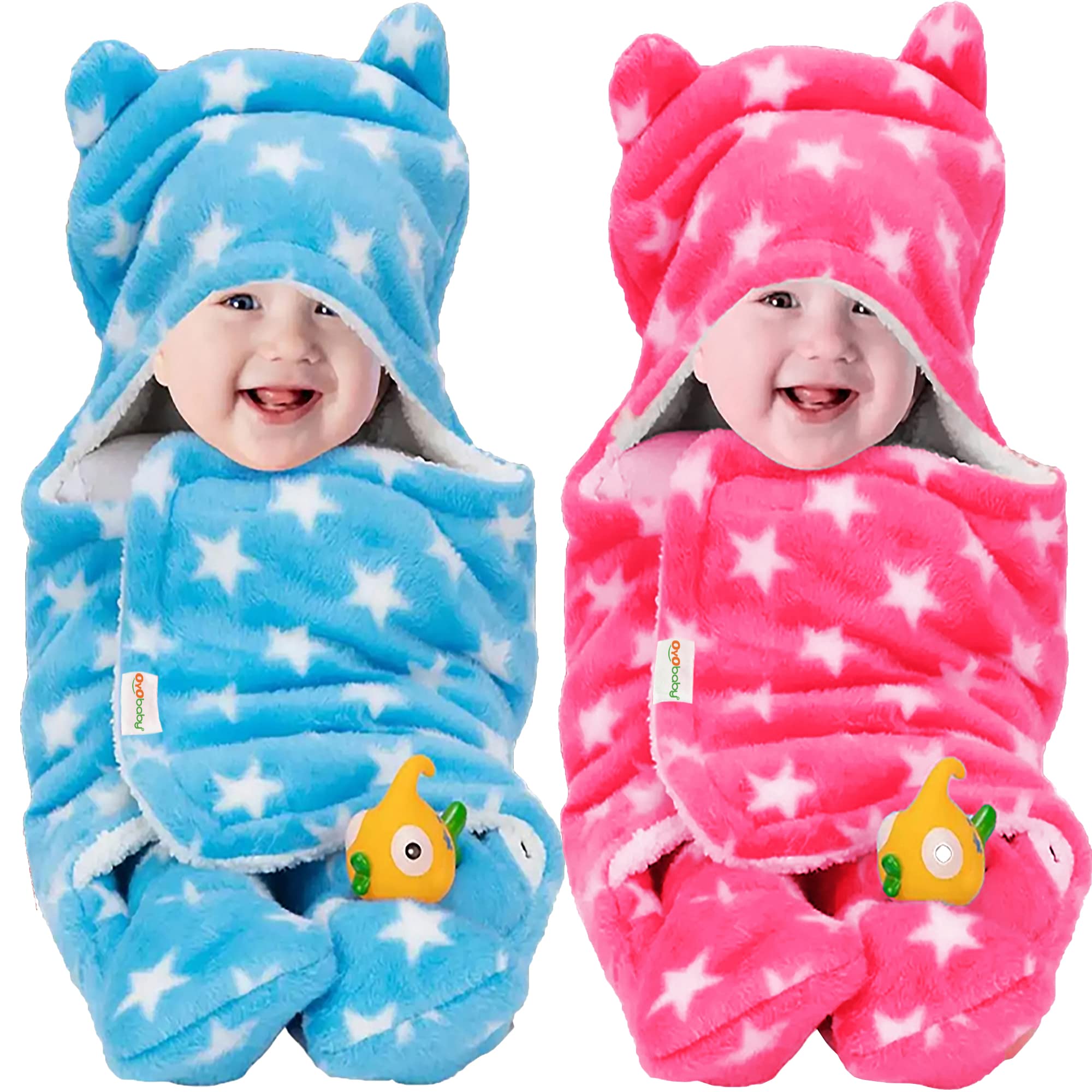 OYO BABY Ultra-Soft Baby Swaddle Wrap Blanket with Hood & Booties – Warm Fleece Sleeping Bag for Newborns (0–6 Months 72 * 68 cm) – Star Print, Pink & Blue