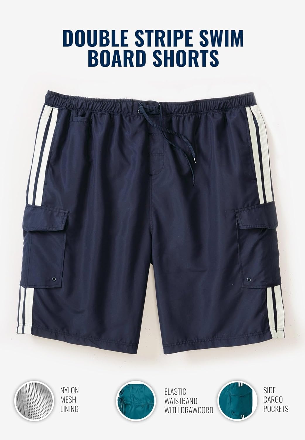 KingSize Men's Big & Tall 10" Double Stripe Swim Board Shorts