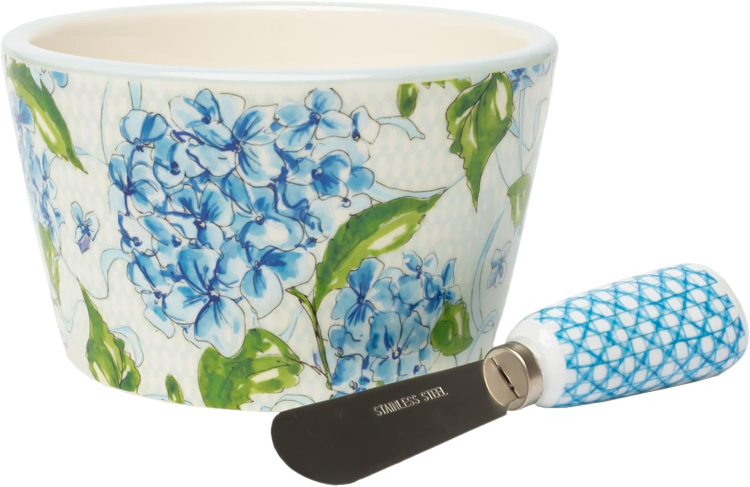 Boston International Small Ceramic Dip Bowl and Spreader Serving Set, 14 Ounces, Pink Daisy