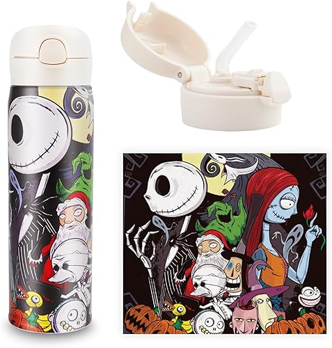 Miniatura 1 de Jack and Sally - Botella de agua reutilizable con popote y cierre de tapa, 16.9 fl oz, acero inoxidable, agua caliente o fría para viajes deportivos