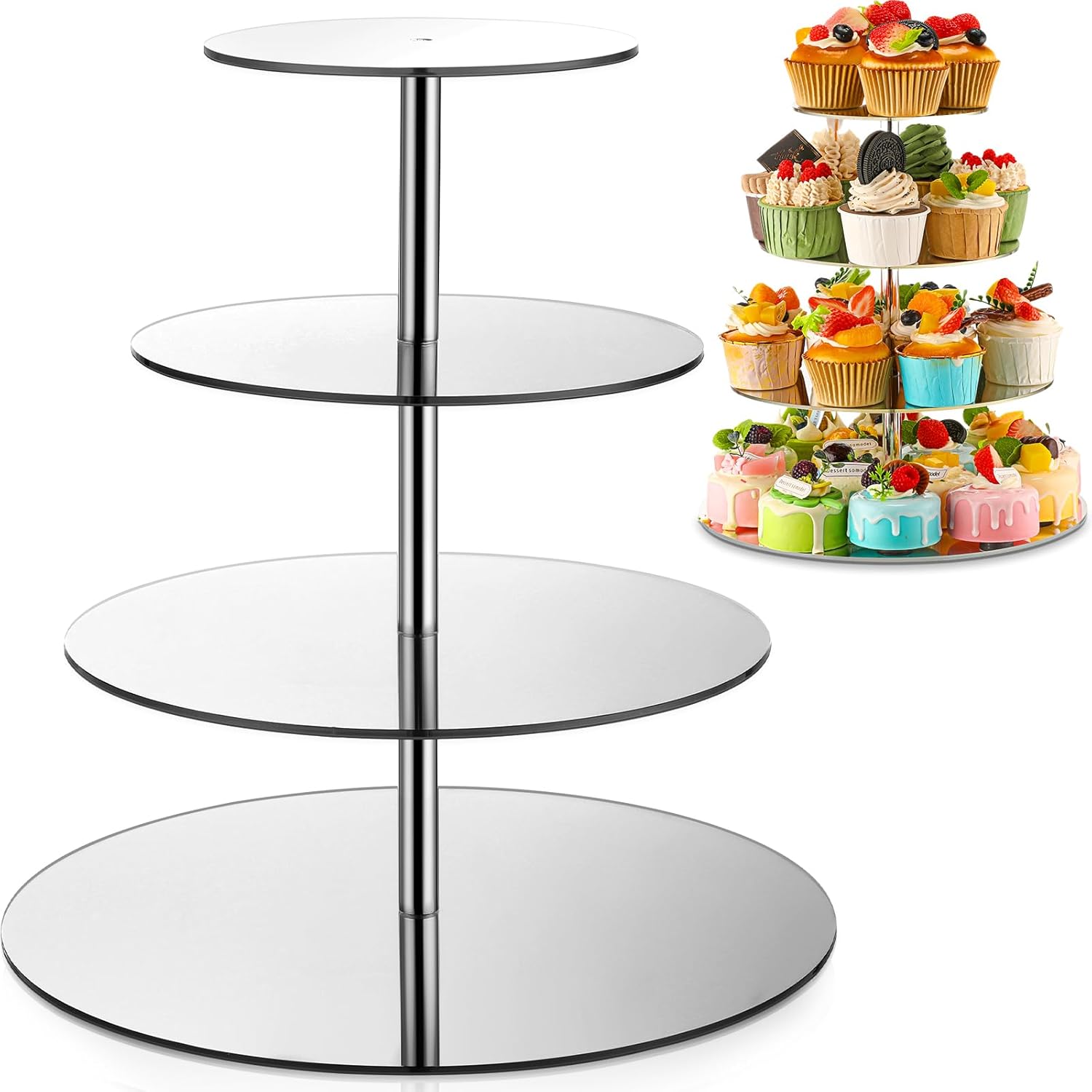Jinei 4 Tier Round Cupcake Stand Silver Mirror Acrylic