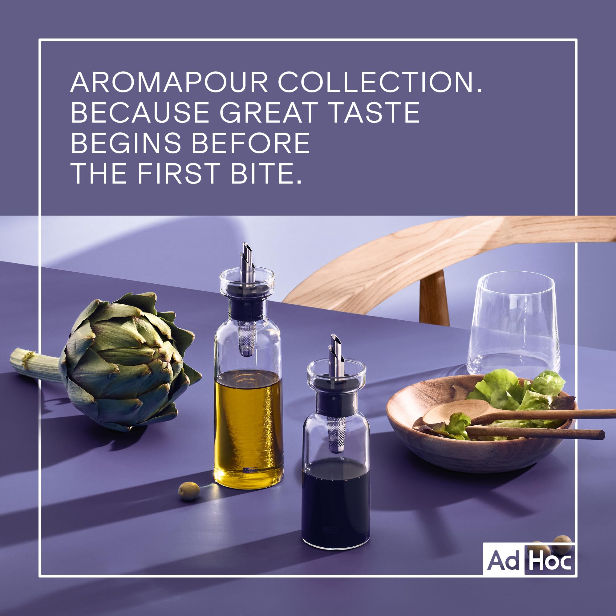 AdHoc AromaPour, set dispenser per olio e aceto, in vetro borosilicato trasparente con acciaio inossidabile, beccuccio filtrato, antigoccia, ermetico, 300 ml
