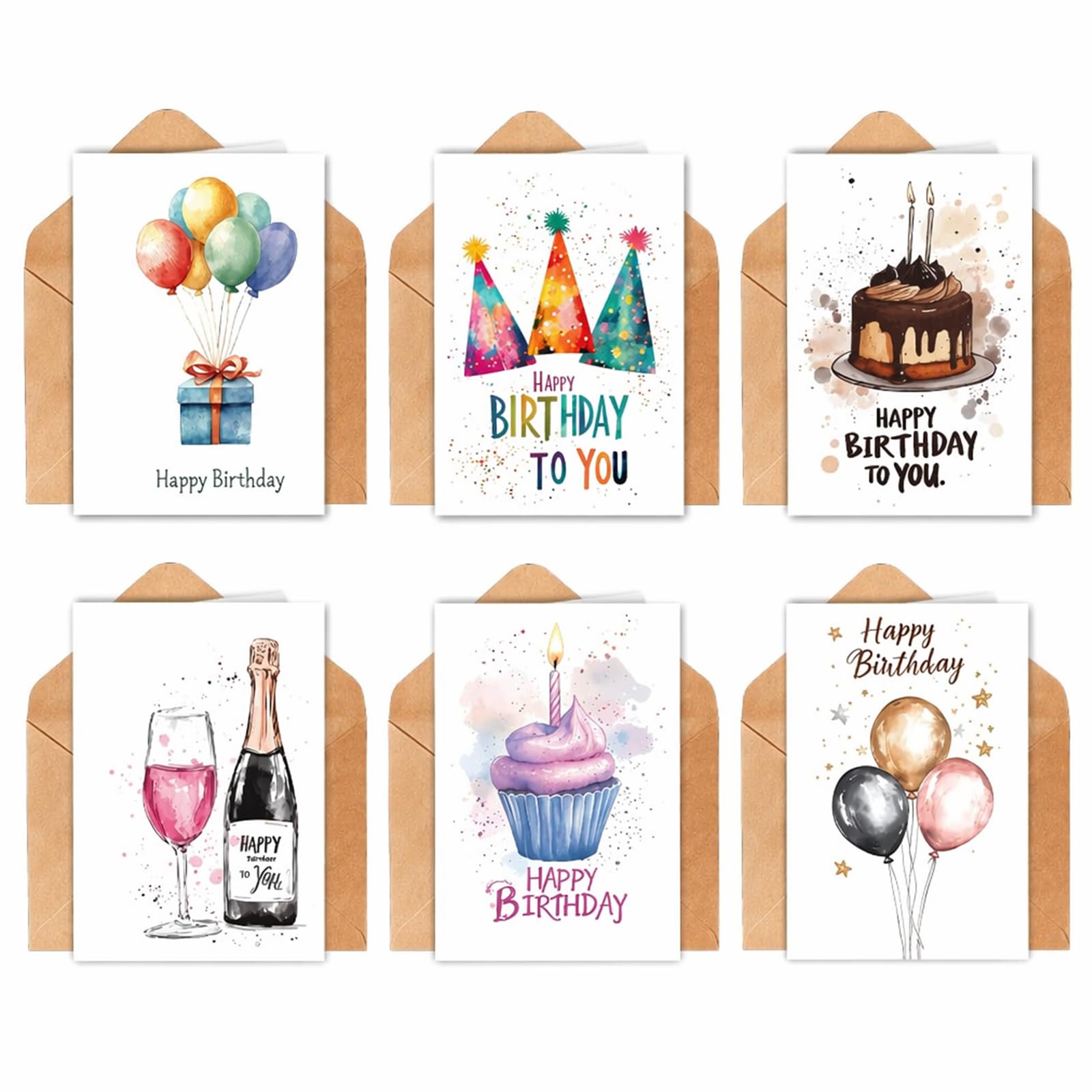 Birthday Cards Multipack, 6 Birthday Card Set with Envelopes, Blank Inside
