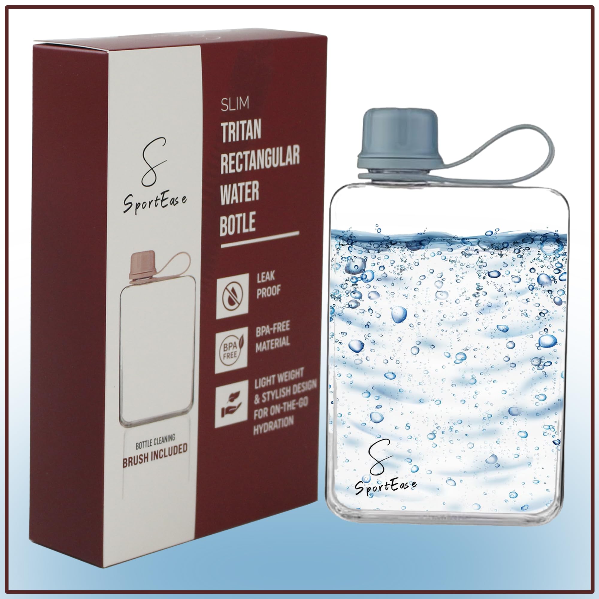 S SportEase 500ml Clear Flat Water Bottle With Cleaning Brush – Sleek & Minimalist, BPA-Free Leak-Proof Bottle for Gym, Travel, and Daily Use, Slim Portable Reusable Bottle for All Ages (Transparent)