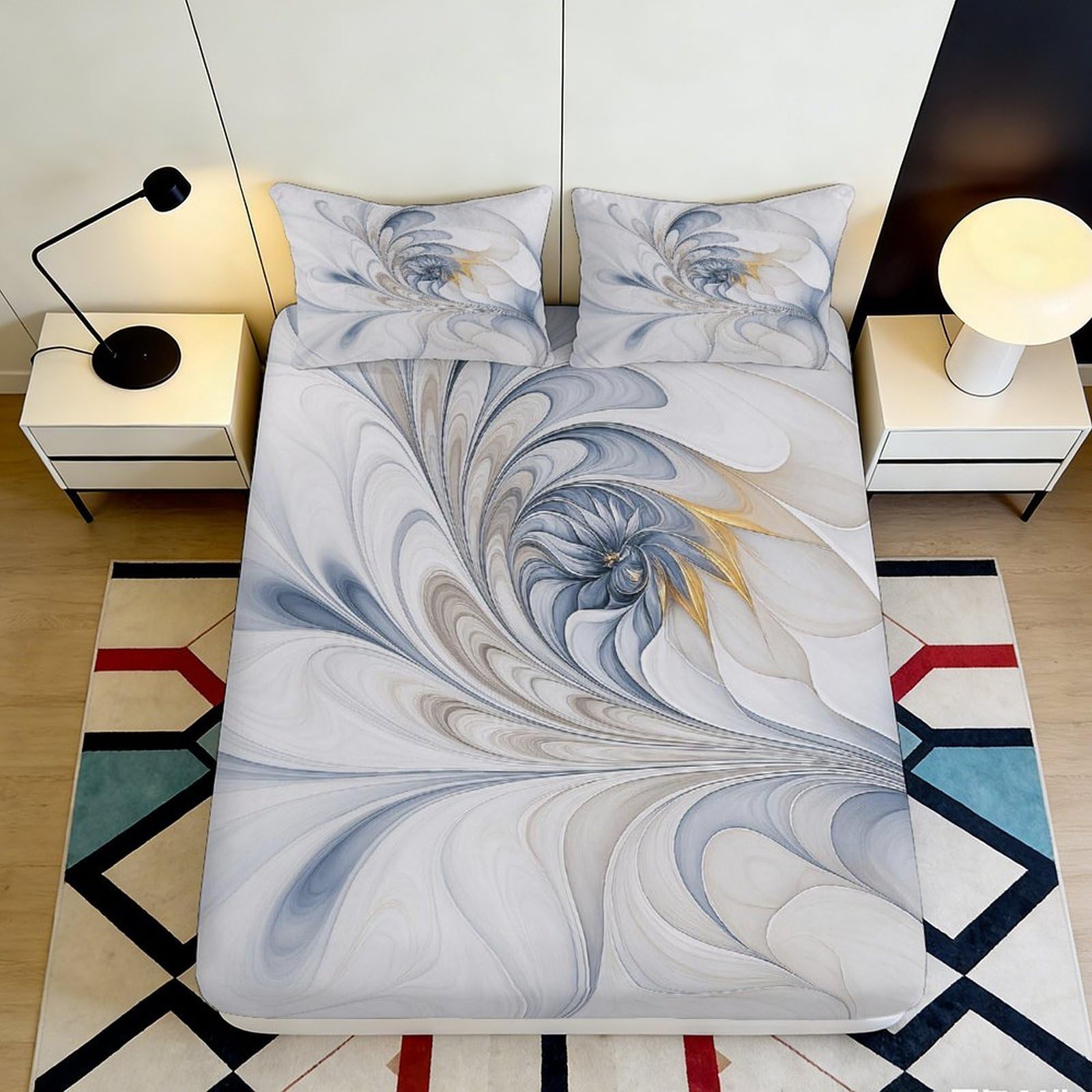 3D Printed Abstract Swirl Fitted Sheet Microfiber Soft Breathable Feather Pattern Mattress Cover for Bedroom Dorm Decor 180x200x25cm
