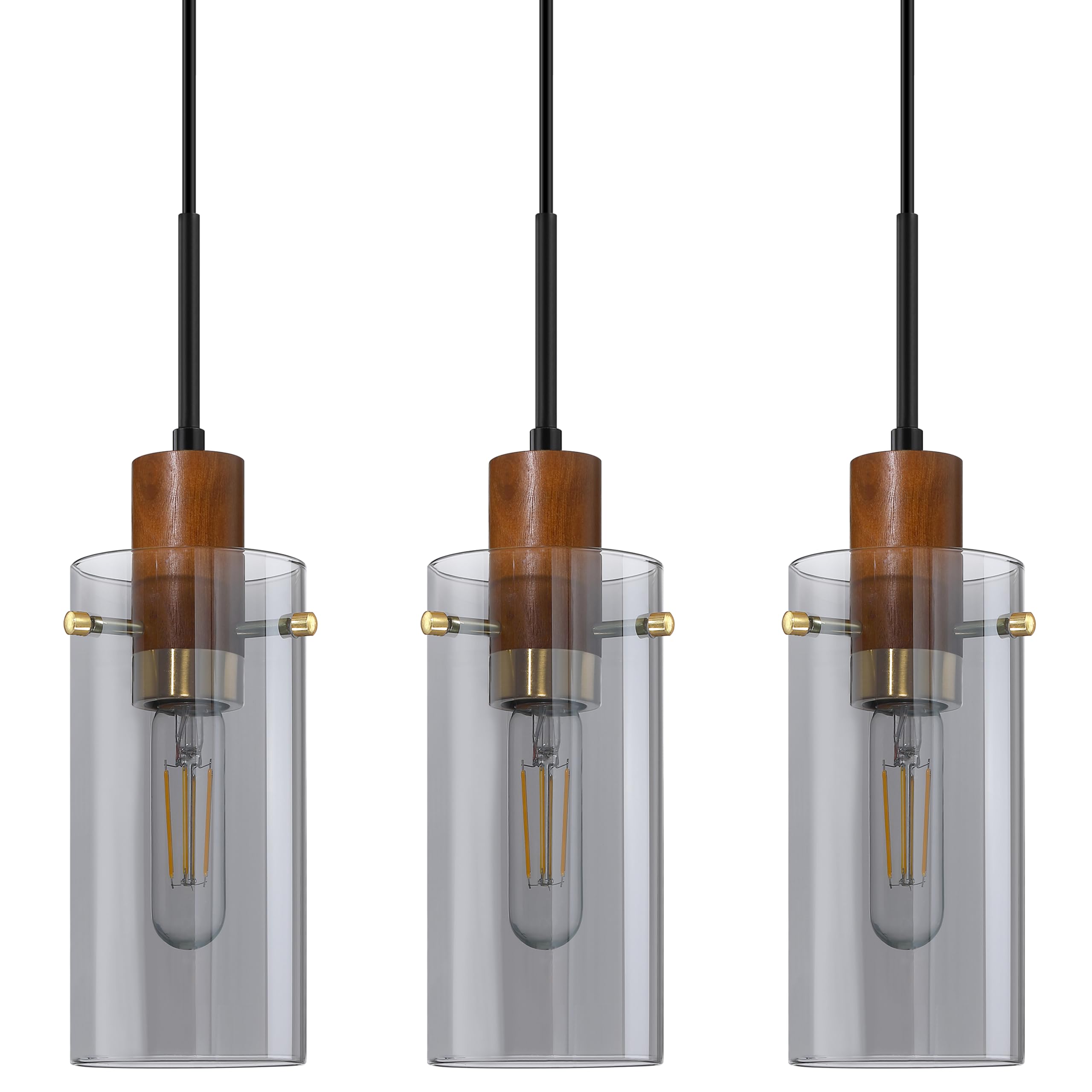 3 Pack 1 Light Modern Industrial Farmhouse Hanging Kitchen Island Pendant Ceiling Light Fixtures,Wood Grey Glass Black Brushed Bronze Finish Over Sink Restaurant bar Corridor