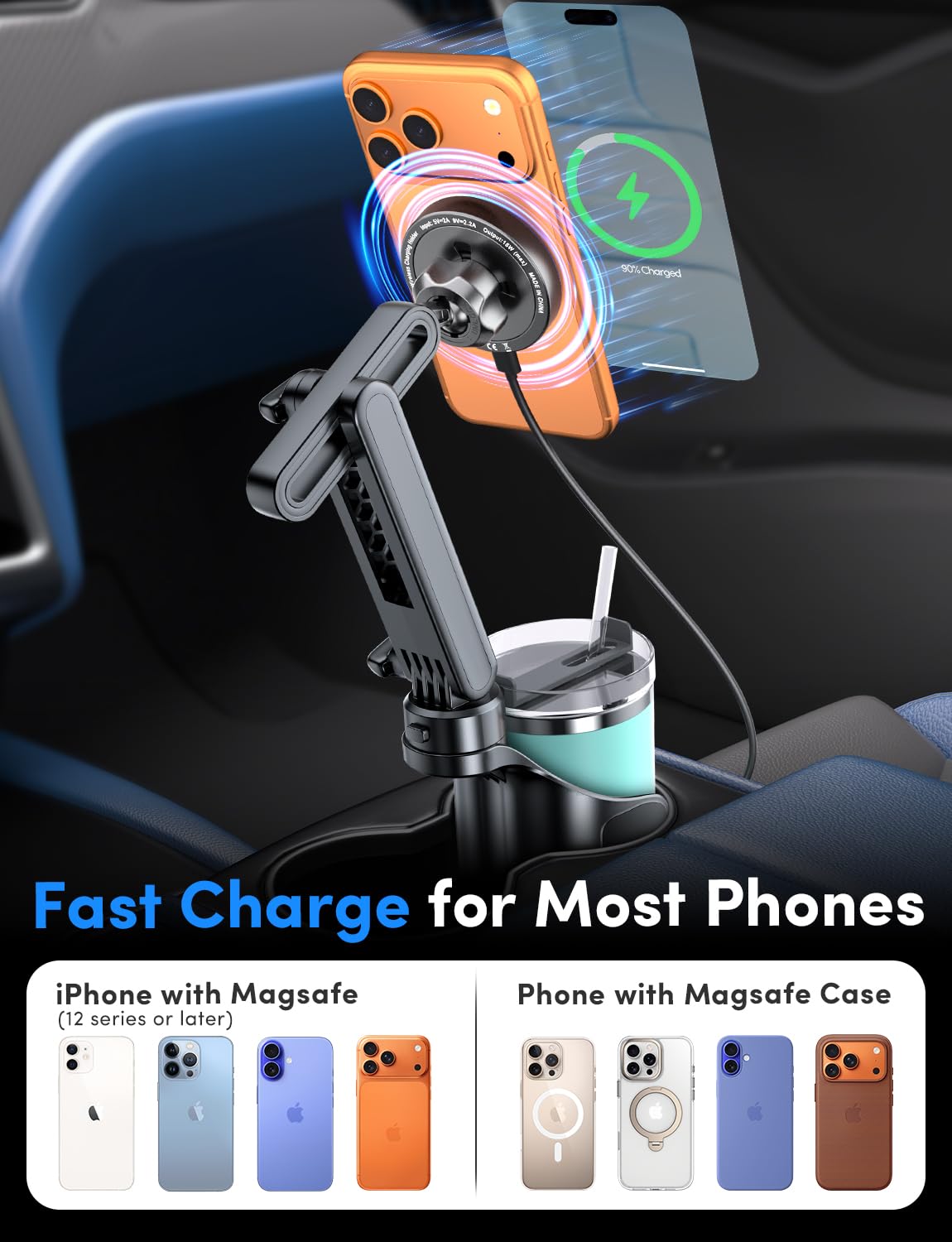 ELWEY per Magsafe Car Mount Charger Wireless, aggiornato 2 in 1 Cup Phone Holder con doppia base flessibile, 15W ricarica rapida supporto del telefono magnetico, potente magnete N55, altezza 15