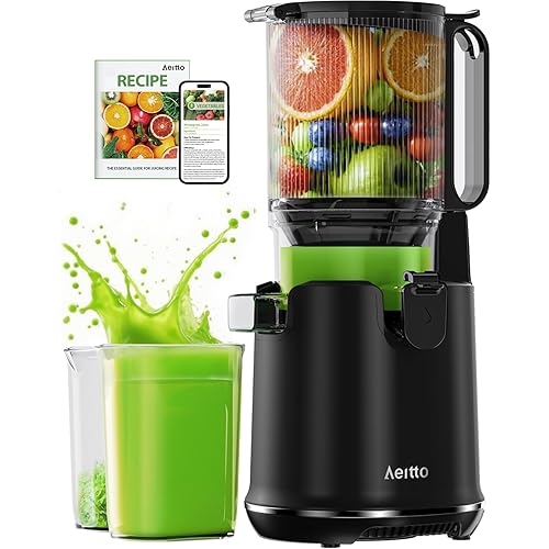 Cold Press Juicer,Aeitto Juicer Machines, 5.3“ Extra Large Feed Chute for Whole Fruits & Vegetables, Professional Juice Extractor, 1.7L Large Capacity, Self Feeding, High Juice Yield, Black