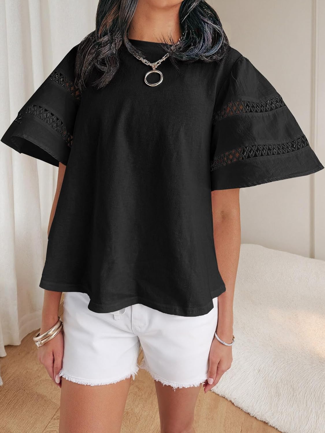 Tankaneo Womens Eyelet Short Sleeve Tops Trendy Casual Loose Fit Tunics Crewneck Summer T Shirts - Image 7