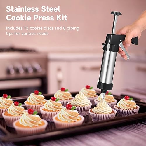 Miniatura 3 de Kit de pistola de prensa de galletas, prensa de galletas de acero inoxidable para hornear pistola con 13 discos, 8 puntas de tuberías y cepillo de