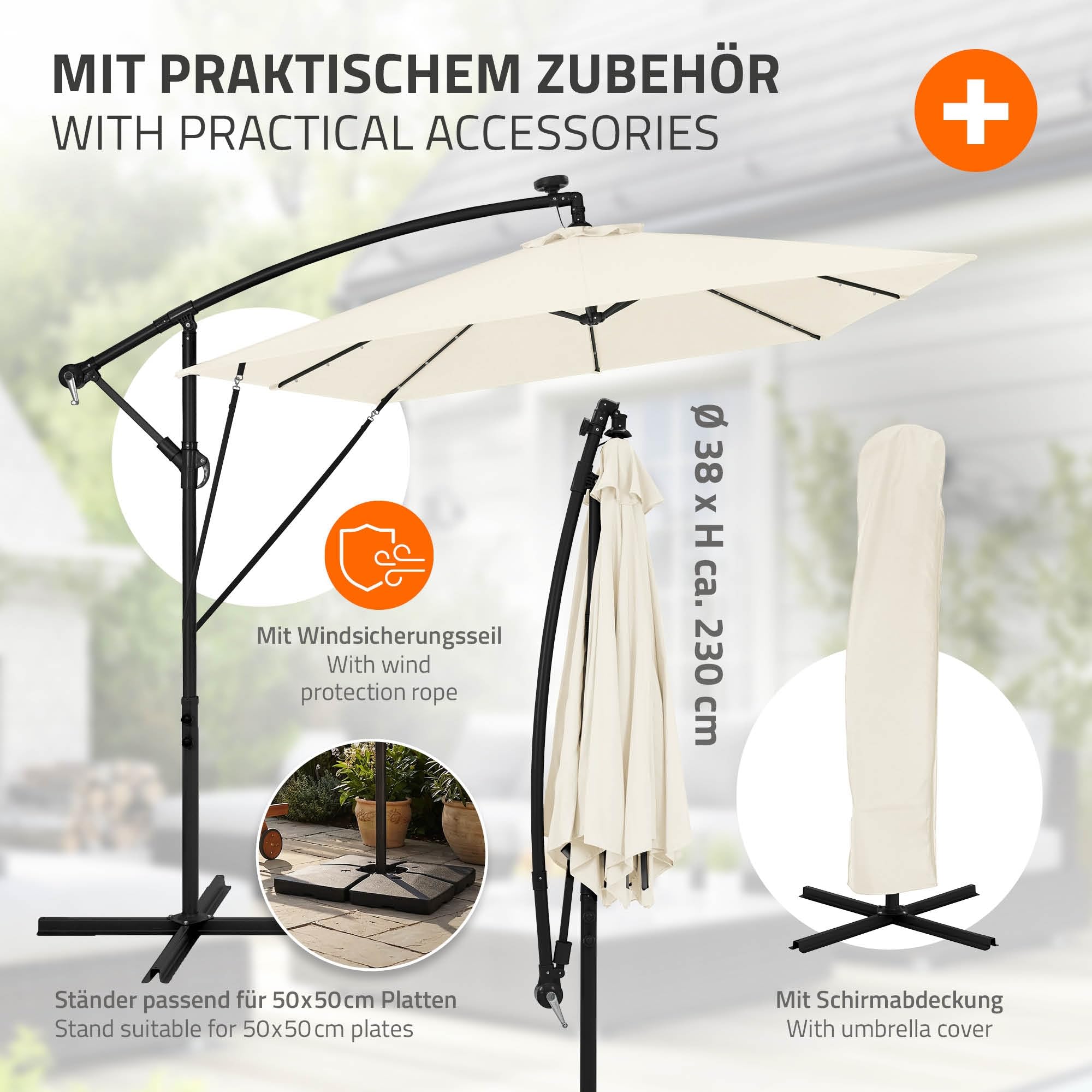 ML-Design Sombrilla de Jardín Ø 330 cm de Aluminio con/sin LED Parasol Voladiza de Terraza, Giratoria 360°, Inclinable y con Manivela Protección Solar UV50+ e Impermeable, incluye Soporte y Funda