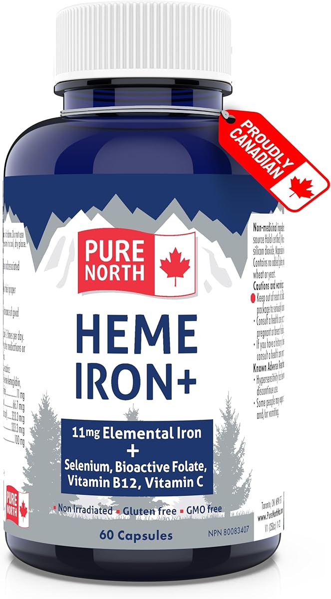 PURE NORTH NATURALS Pure North Naturals - Heme Iron Supplement, 60 Capsules 60-Day Supply - 11mg Elemental Iron + Selenium, Bioactive Folate, Vitamin B12, Vitamin C - 3rd Party Tested - Formulated & Made in Canada