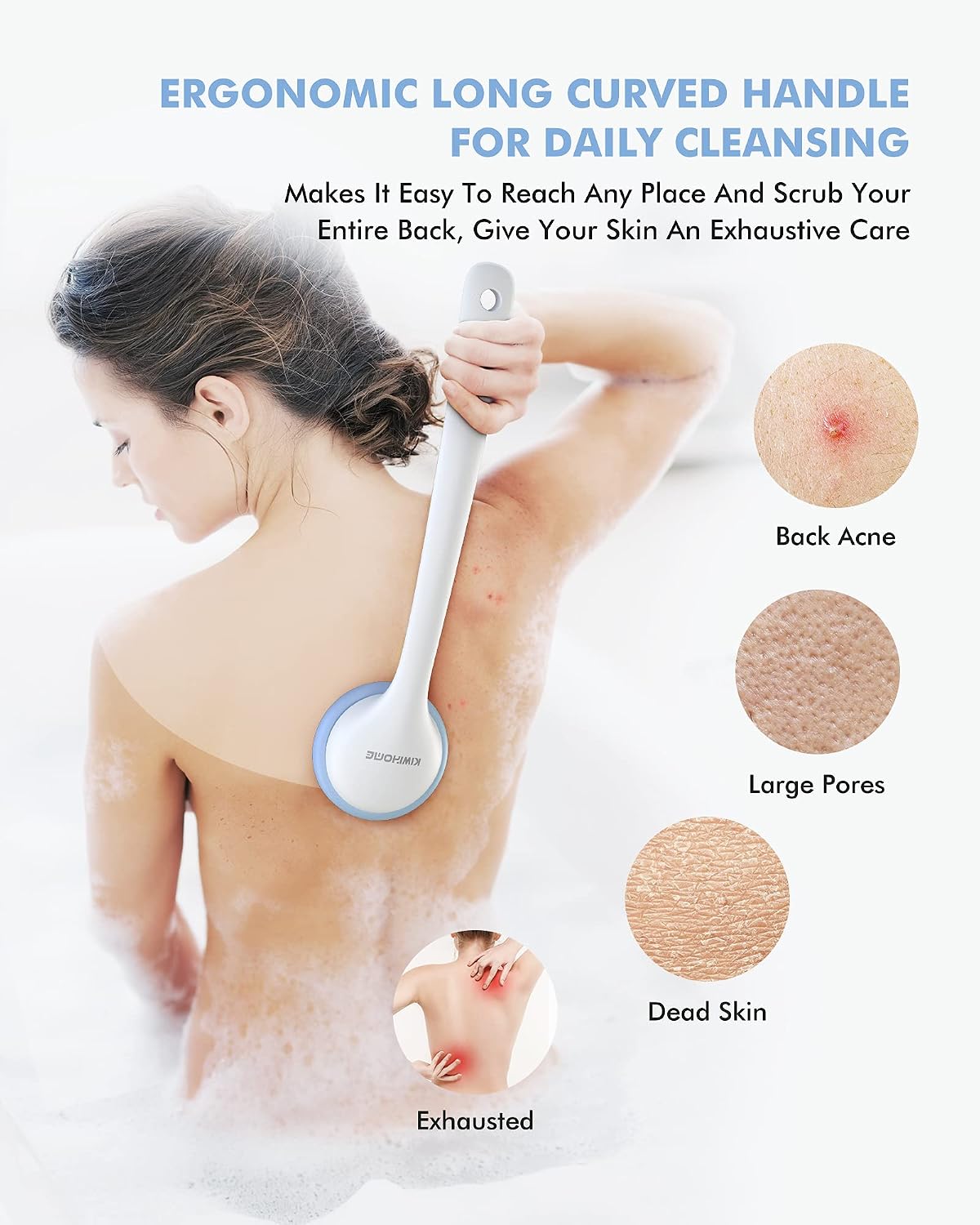 Back Brush, Upgrade Hardness Exfoliating Brush for Bath Shower, Back Exfoliator, Silicone Shower Brush, Long Handle Body Brush for Cellulite and Lymphatic, Self Application of Shower(Blue)