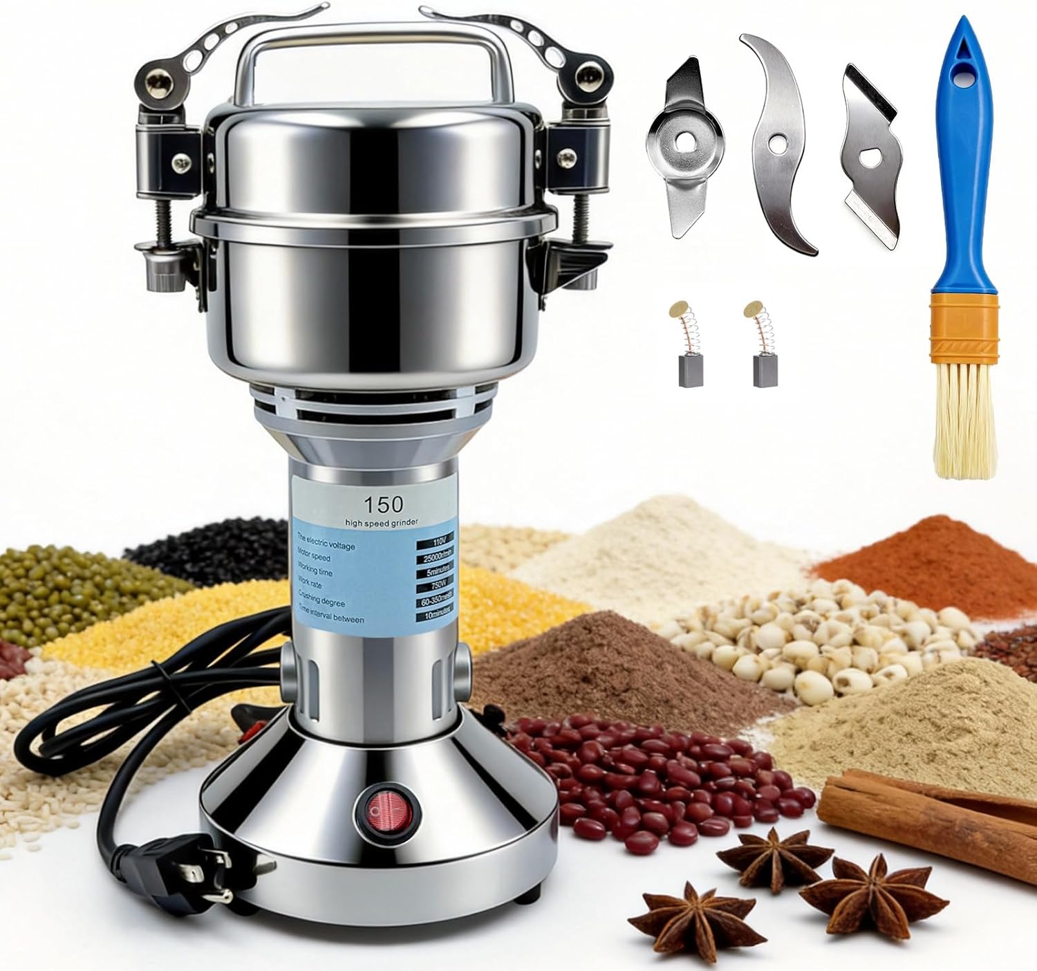 150g Grain Mill, 750W 25000r/min Powerful Dry Food Grinder Electric Stainless Steel Flour Mill for Wheat Corn Spices Coffee Herb Kitchen Commercial Grade with 1 Set Extra Blades