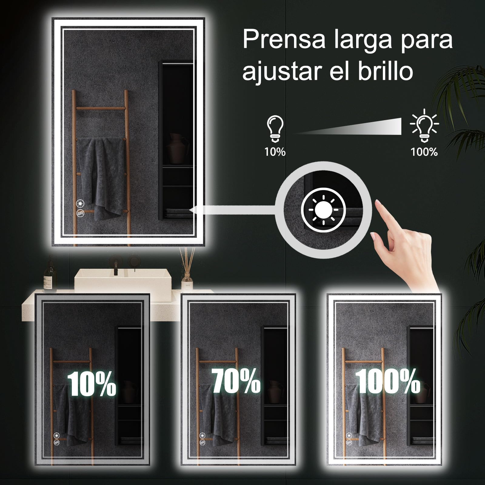 Espejo LED para baño de 61x91cm, Frontal y retroiluminado, antivaho, Regulable, 3 Colores, Espejo de baño LED con función de Memoria, Espejo Inteligente montado en la Pared