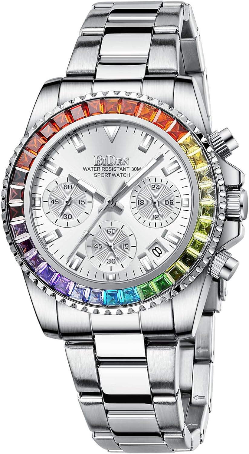 Women Colorful Diamond Watches Chronograph Rotatable Bezel Mineral Glass Luminous Watch Stainless Steel Waterproof Date Analog Quartz Watch Fashion Business Dress Wristwatch