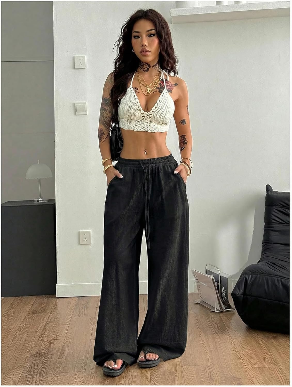 Women's Boho Wide Leg Linen Pants Drawstring Waist Casual Loose Trousers Vacation Outfits - Image 3