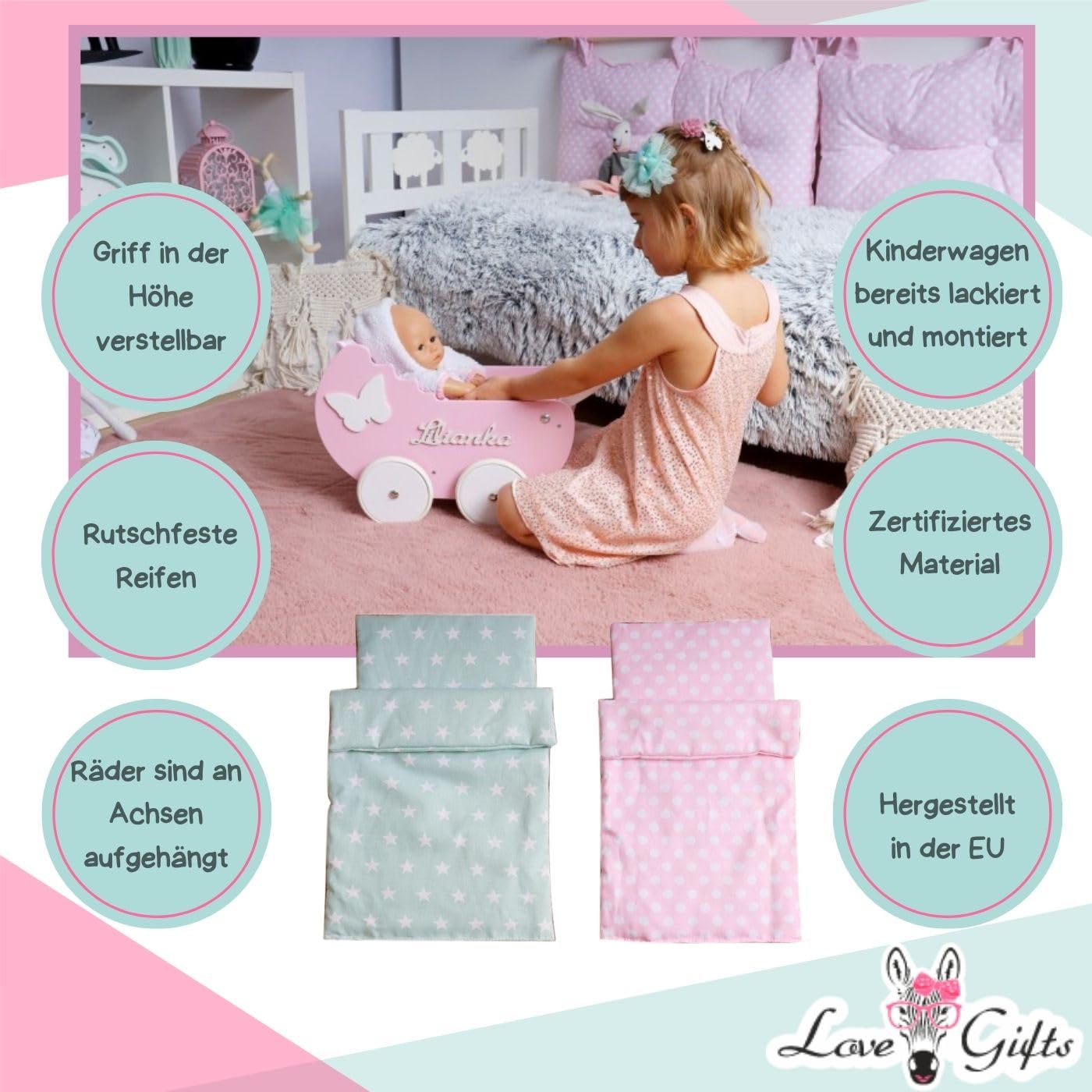 Love Gifts® Walker - Puppenwagen ab 1 Jahr | Lernlaufwagen für Kleinkinder | Lernlaufhilfe, Montessori-Spielzeug für Kleinkinder, Farbe Rosa
