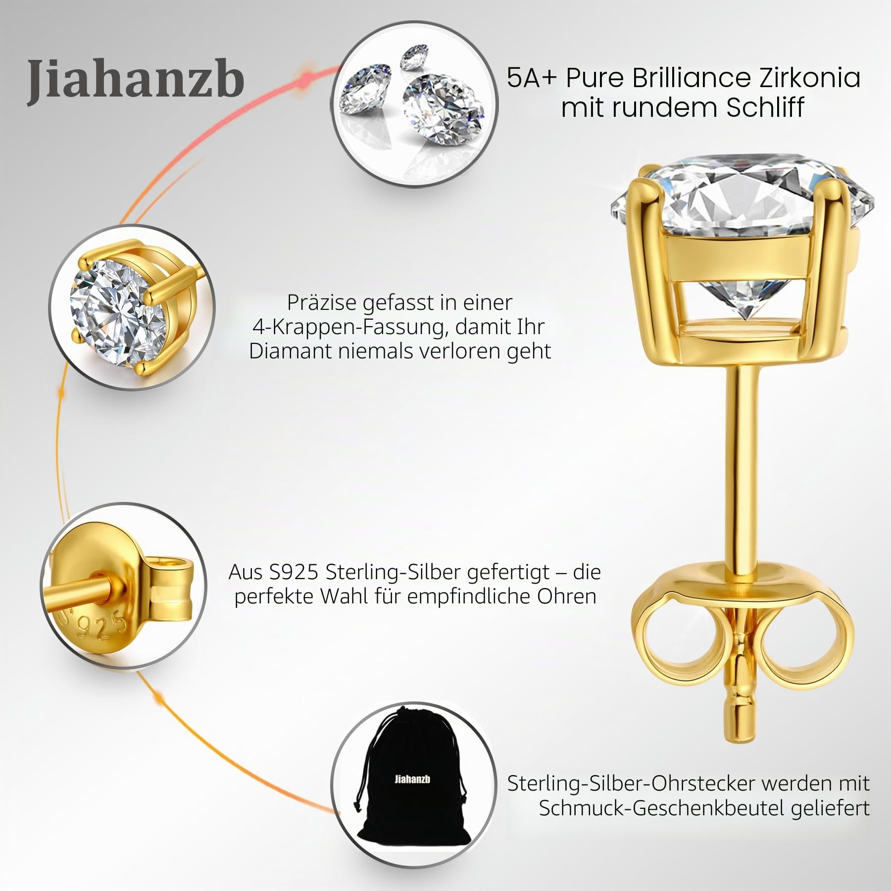 18 Karat überzogen Simulierten Diamant Brillant Runde Zirkonia Ohrstecker 925 Sterling Silber 4mm 8mm Feines Silber Schwarz Gold Schmuck für Damen Herren