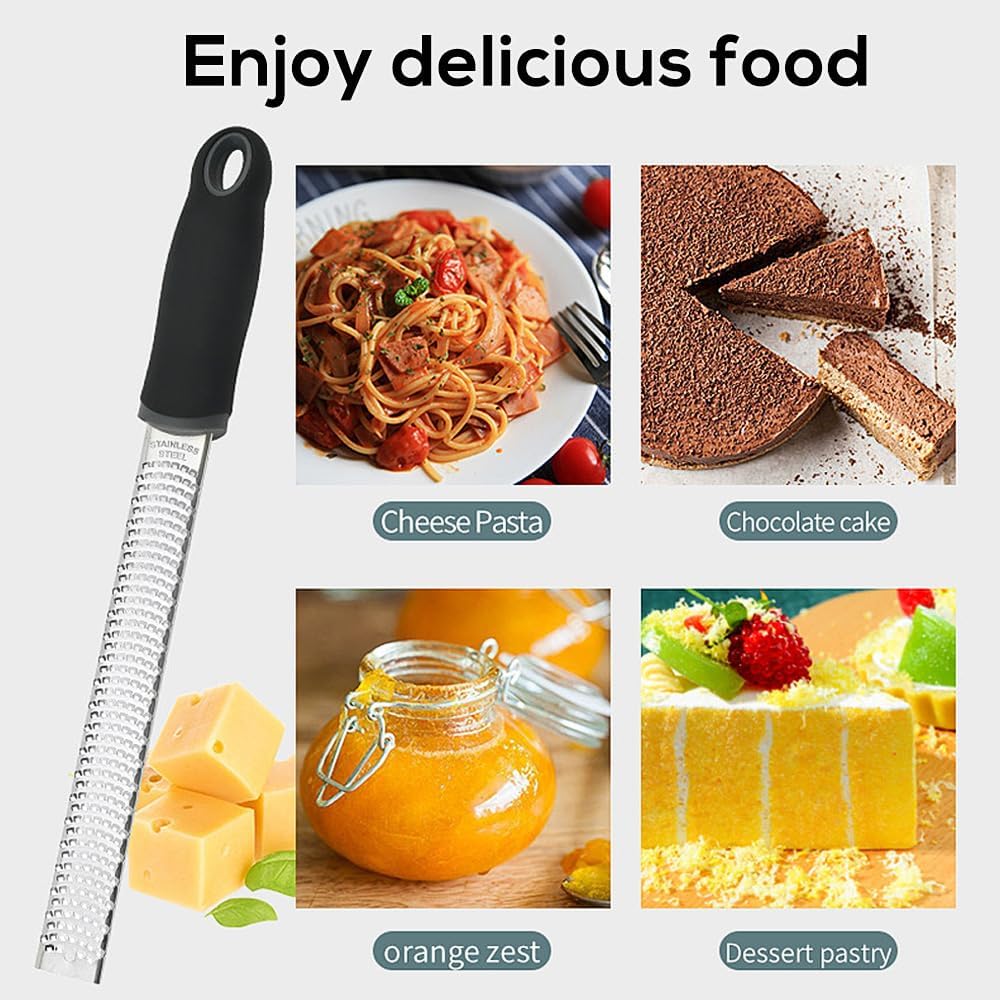 Lemon Zester, Stainless Steel Kitchen Cheese Grater, Plastic Cover Ergonomic Soft Black Handle