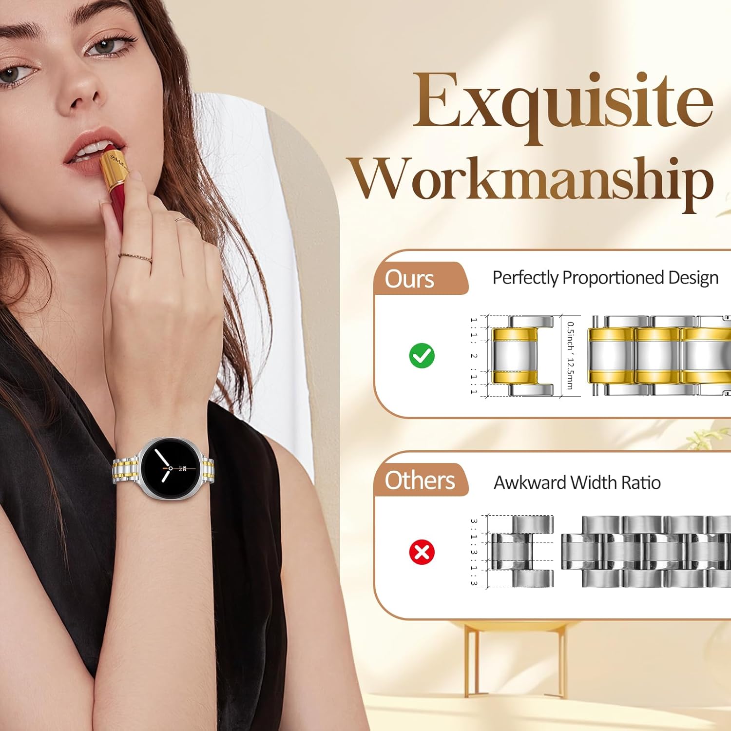 Slim Metal Bands for Samsung Galaxy Watch 8 Band 40mm 44mm/8 Classic 46mm,Thin Elegant Stainless Steel Dressy Business Strap Replacement WristBands for Samsung Watch 8 Band 40 44 mm,01-Silver/Gold